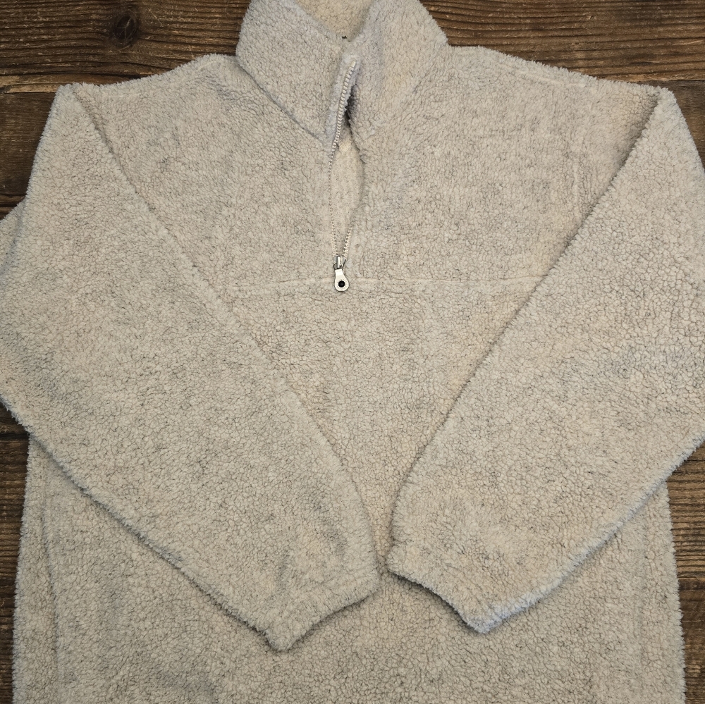 Lands' End Beige Mens Size Medium 1/4 Zip Up Sweater Plush Fleece